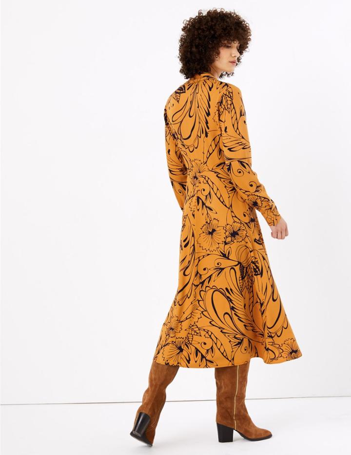 Marks & Spencer Floral Waisted Midi Shirt Dress Ochre