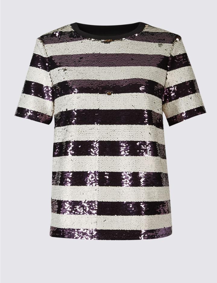 Marks & Spencer Sequin Striped Short Sleeve T-shirt Ivory Mix