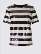 Marks & Spencer Sequin Striped Short Sleeve T-shirt Ivory Mix