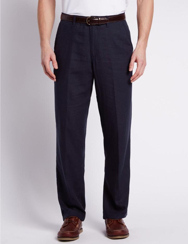 Marks & Spencer Linen Blend Flat Front Chinos Navy