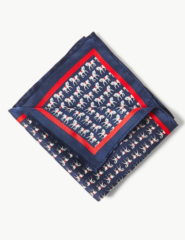 Marks & Spencer Pure Silk Horse Print Pocket Square Navy Mix
