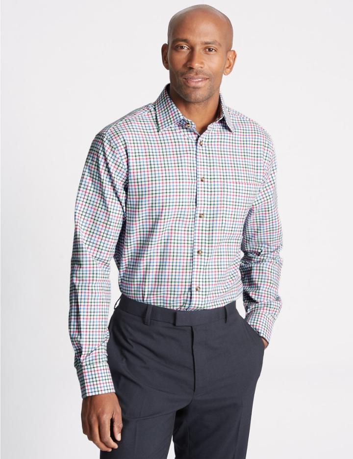 Marks & Spencer Pure Cotton Regular Fit Shirt With Pocket Magenta Mix