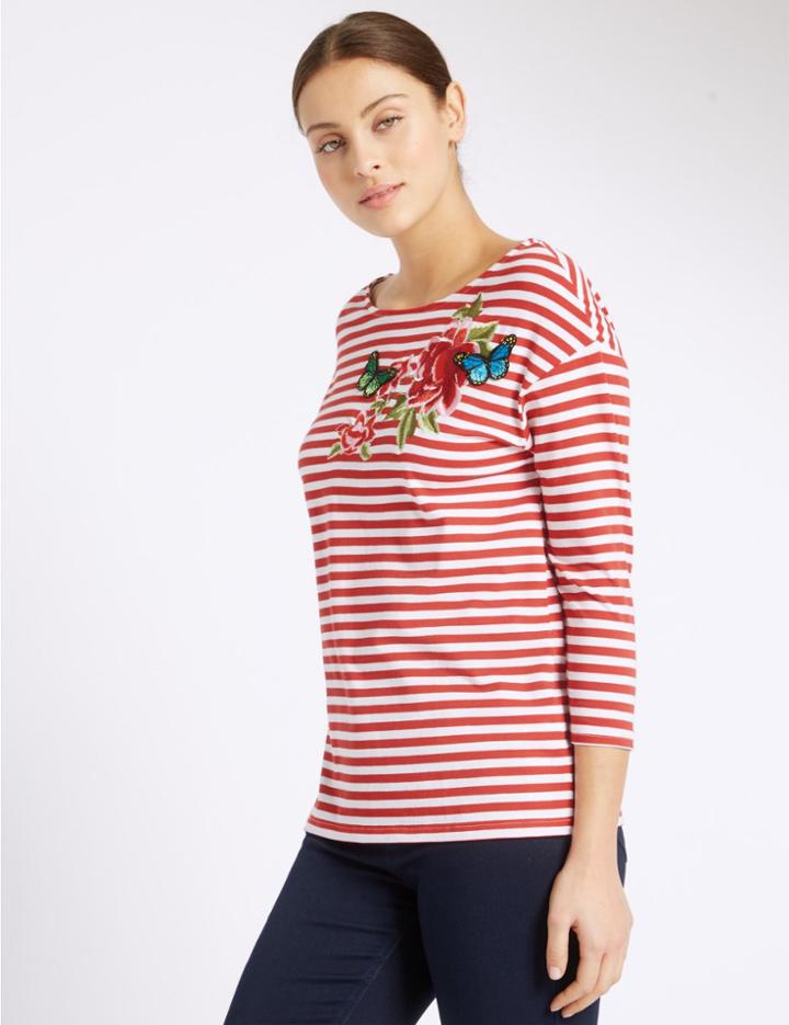 Marks & Spencer Embroidered Striped 3/4 Sleeve Jersey Top Red Mix
