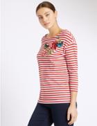 Marks & Spencer Embroidered Striped 3/4 Sleeve Jersey Top Red Mix
