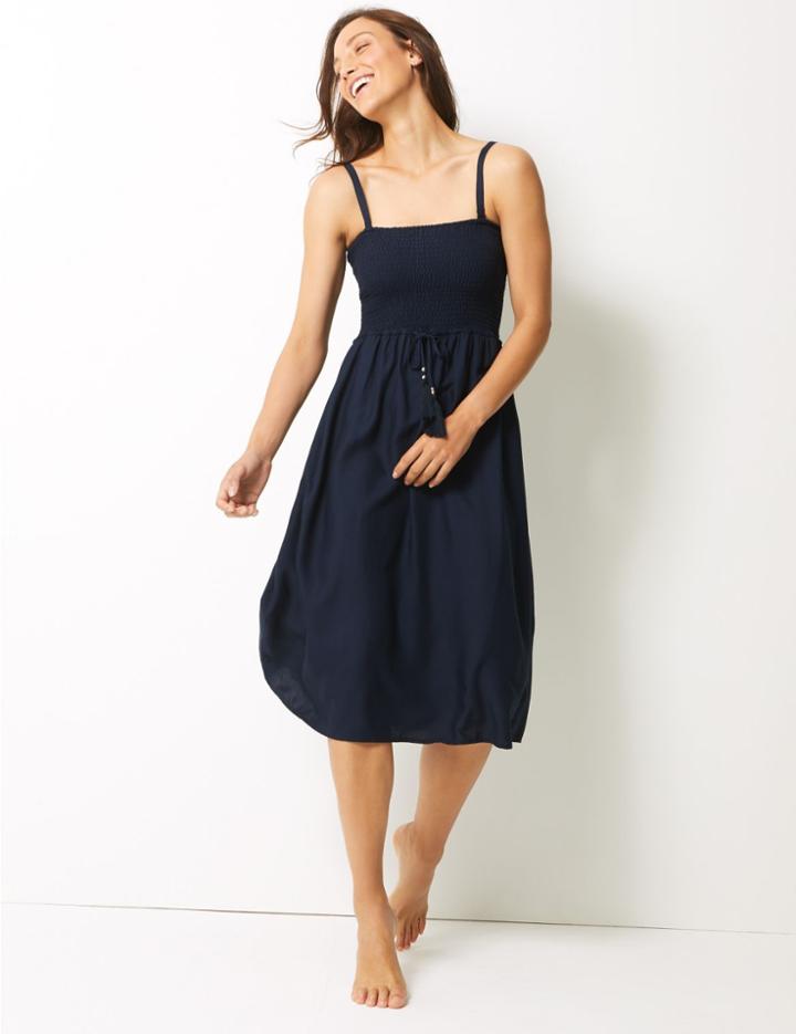 Marks & Spencer Shirred Swing Midi Beach Dress Navy