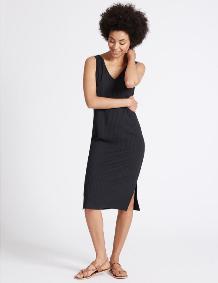 Marks & Spencer Ribbed Side Split Midi Dress Navy