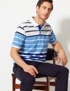 Marks & Spencer Pure Cotton Striped Polo Shirt Light Blue Mix