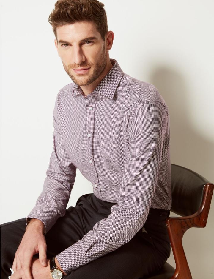 Marks & Spencer Pure Cotton Twill Tailored Fit Shirt Burgundy Mix