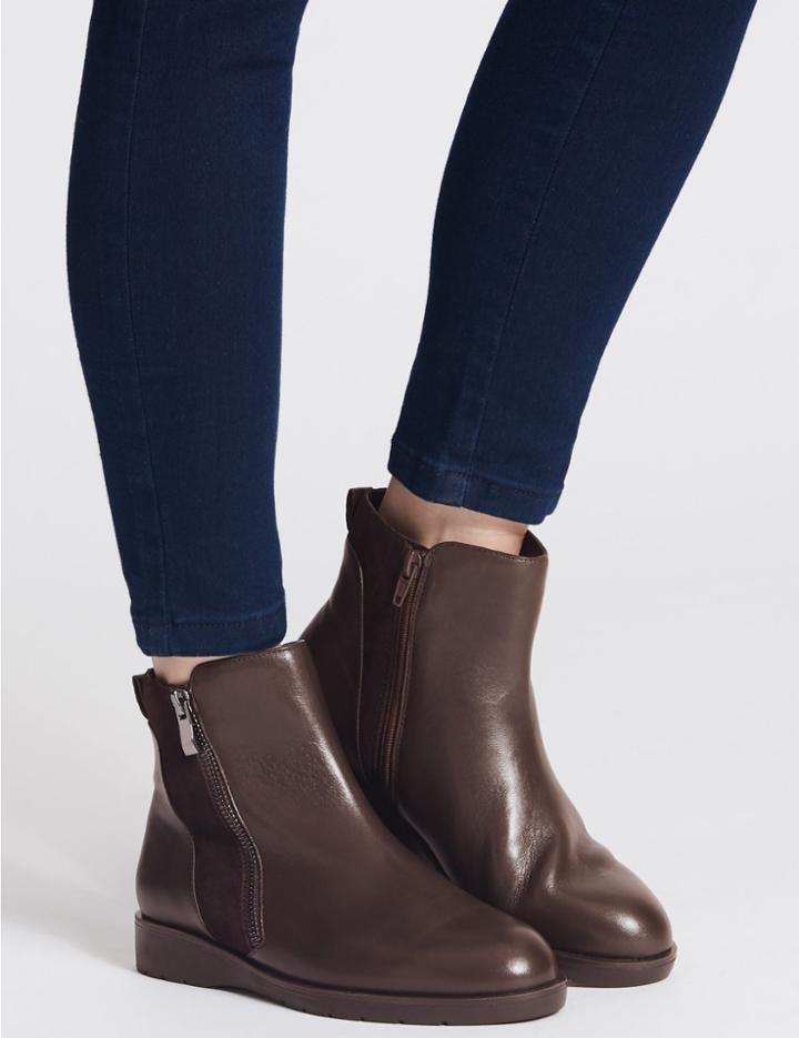 Marks & Spencer Leather Side Zip Ankle Boots Chocolate