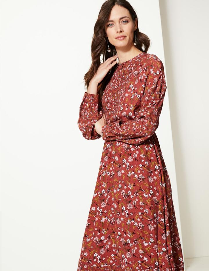 Marks & Spencer Floral Print Waisted Midi Dress Terracotta Mix