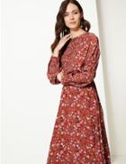 Marks & Spencer Floral Print Waisted Midi Dress Terracotta Mix