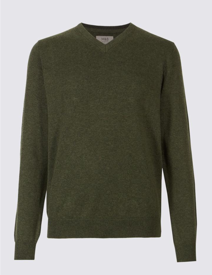 Marks & Spencer Pure Cotton V-neck Jumper Dark Green Mix
