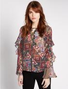 Marks & Spencer Floral Print Ruffle Sleeve Blouse Black Mix