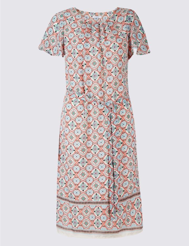 Marks & Spencer Printed Tie Waist Tunic Midi Dress Ivory Mix