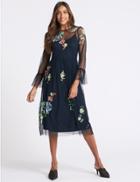 Marks & Spencer Embroidered Mesh Long Sleeve Midi Dress Navy Mix