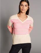 Marks & Spencer Pure Cashmere Striped Bow Back V-neck Jumper Oatmeal Mix
