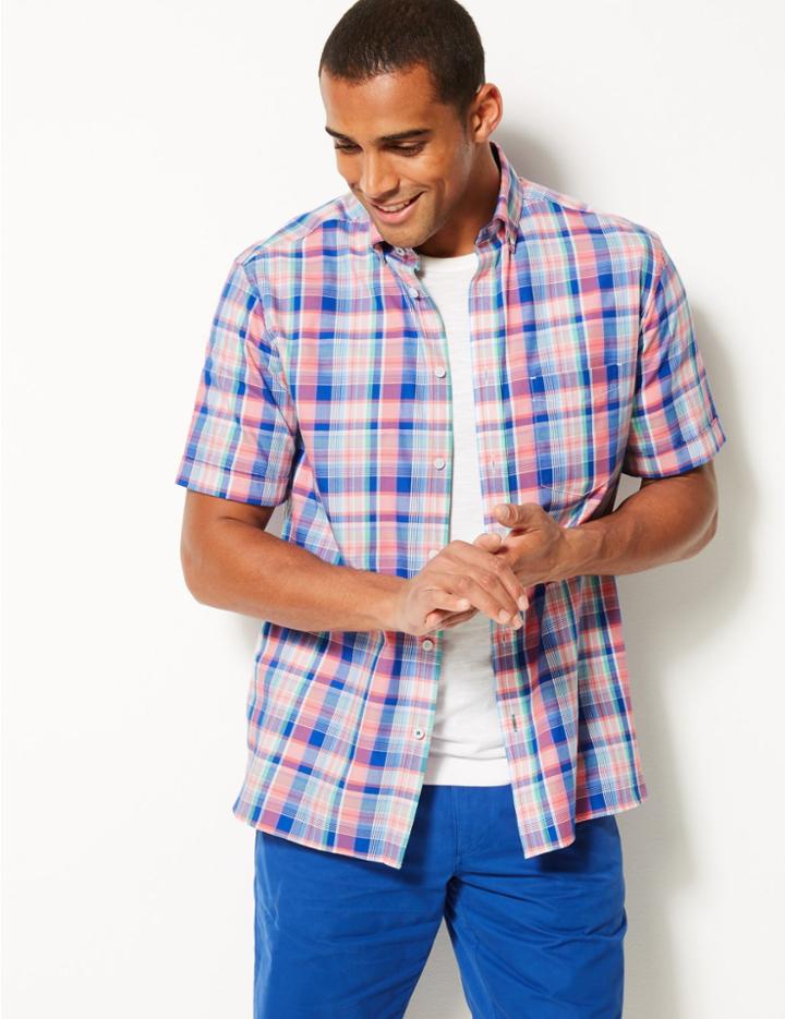Marks & Spencer Pure Cotton Checked Shirt Pink