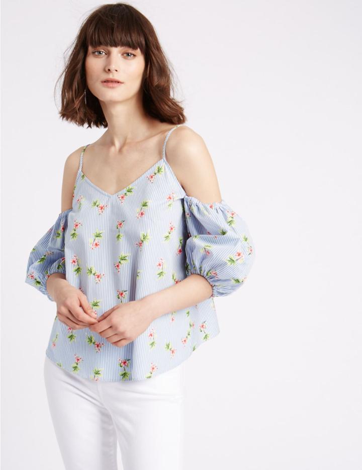 Marks & Spencer Striped Palm Print Cold Shoulder Top Ivory Mix