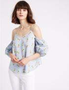 Marks & Spencer Striped Palm Print Cold Shoulder Top Ivory Mix