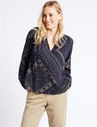 Marks & Spencer Pure Cotton Printed Long Sleeve Blouse Navy Mix