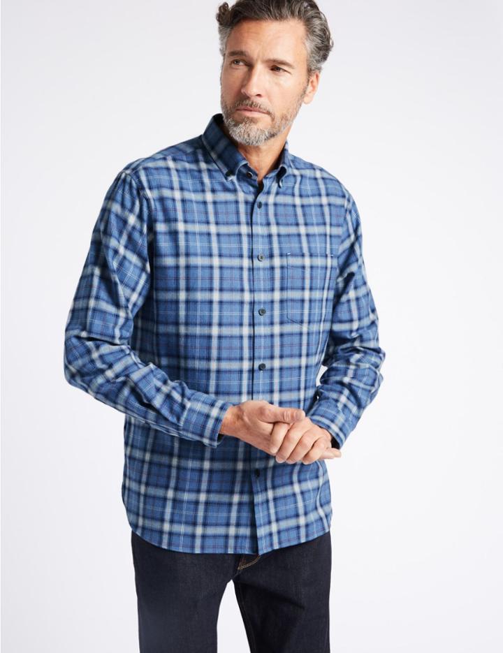 Marks & Spencer Luxury Brushed Checked Shirt Blue