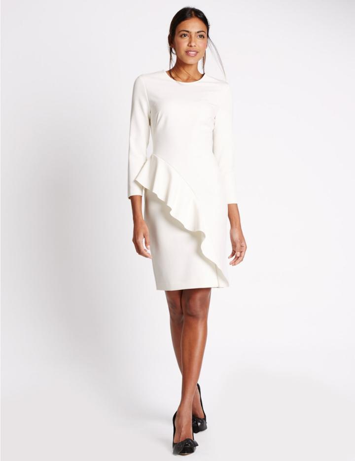 Marks & Spencer Ruffle Long Sleeve Bodycon Dress Cream