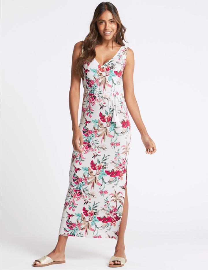 Marks & Spencer Floral Print Ruched Front Maxi Dress Ivory Mix