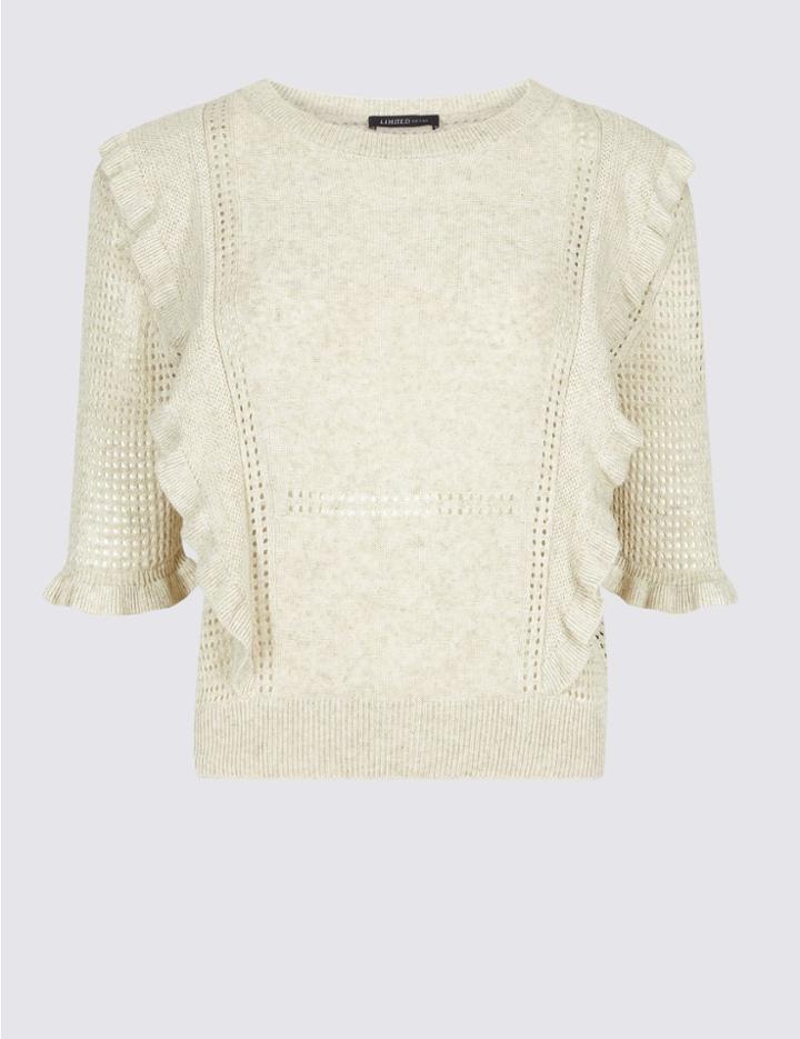 Marks & Spencer Ruffle Round Neck Half Sleeve Jumper Beige