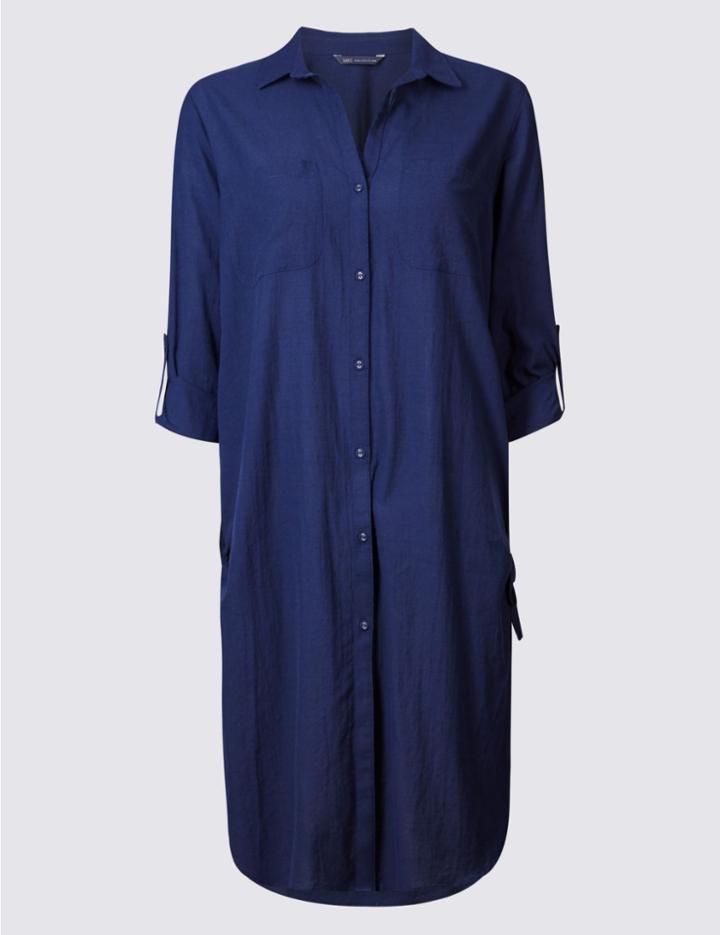 Marks & Spencer Pure Cotton Dipped Hem Shirt Dress Navy