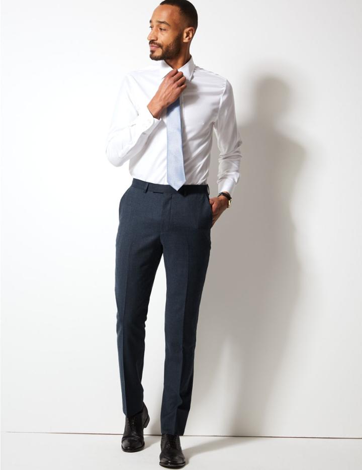 Marks & Spencer Textured Tailored Fit Wool Trousers Denim