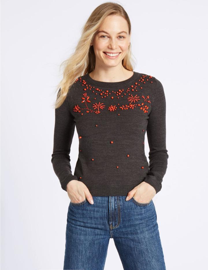 Marks & Spencer Embellished Round Neck Long Sleeve Jumper Grey Mix