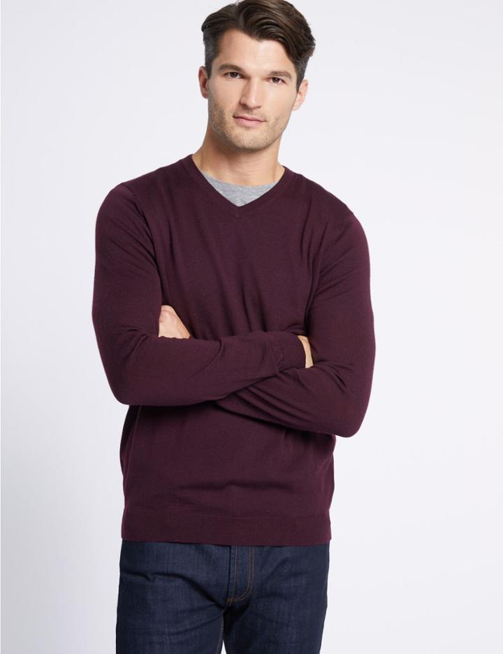 Marks & Spencer Pure Extra Fine Merino V-neck Jumper Plum