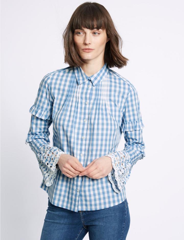 Marks & Spencer Pure Cotton Gingham Ruffle Sleeve Shirt Blue Mix