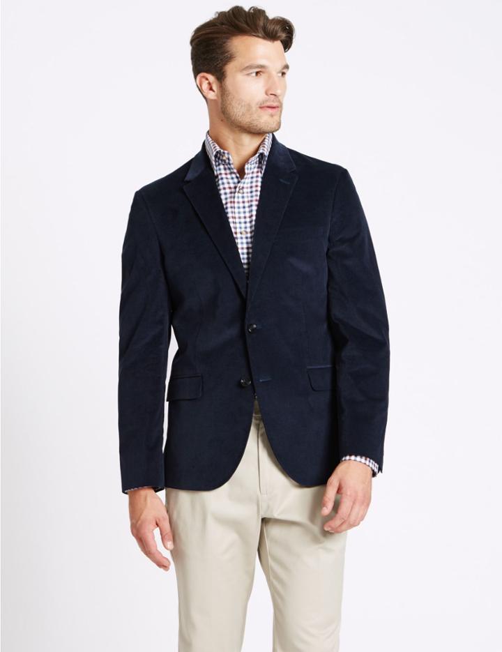 Marks & Spencer Cotton Rich 2 Button Jacket Dark Blue