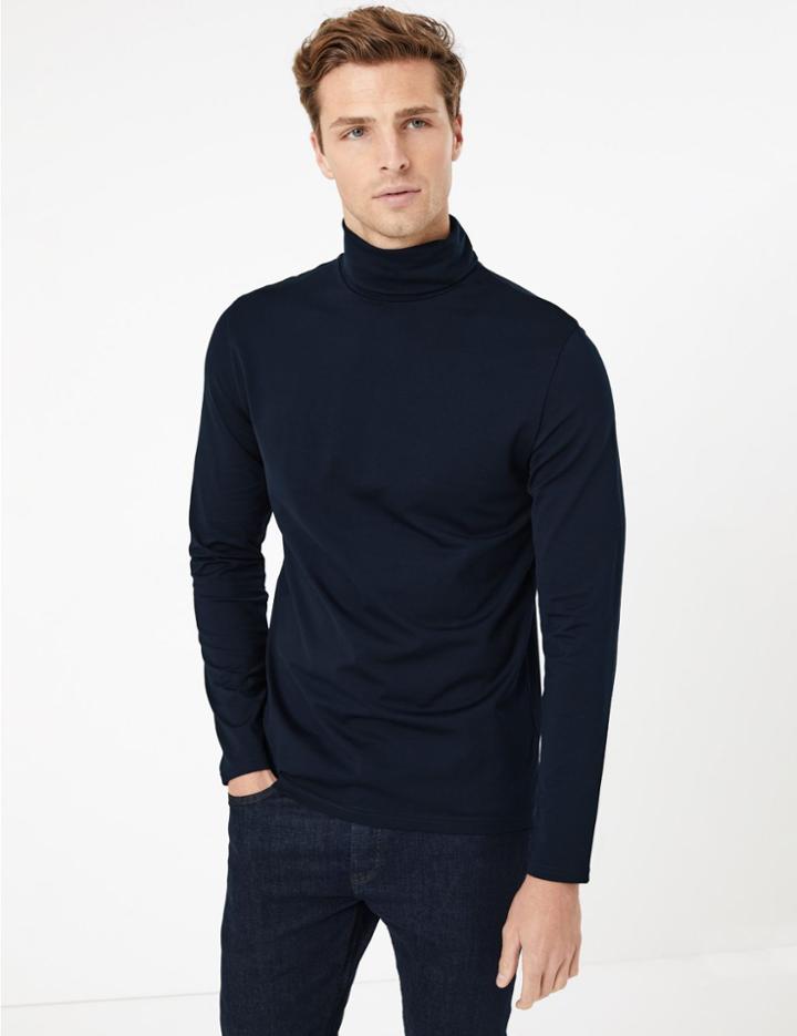 Marks & Spencer Cotton Rich Roll Neck Top Navy