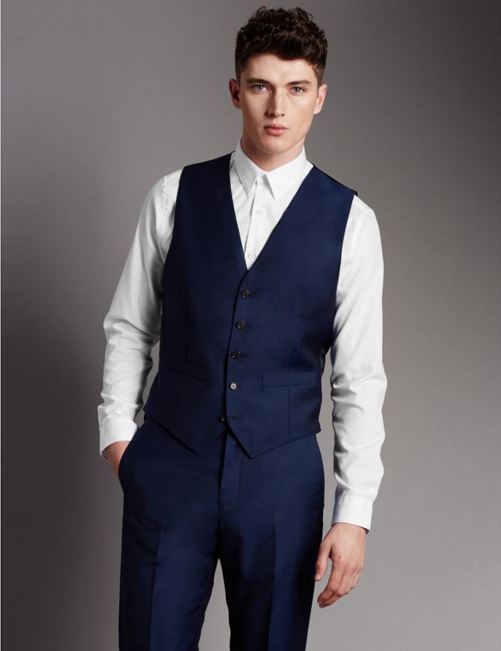 Marks & Spencer Blue Tailored Fit Wool Waistcoat Blue