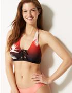 Marks & Spencer Printed Lace Up Plunge Bikini Top Red Mix