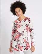 Marks & Spencer Floral Print Round Neck Long Sleeve Tunic Ivory Mix