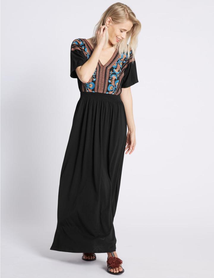 Marks & Spencer Cotton Rich Embroidered Tie Back Maxi Dress Black Mix