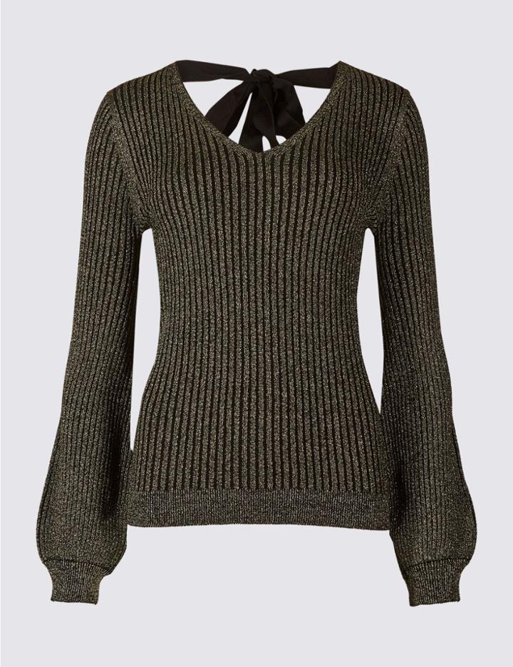 Marks & Spencer Ribbed Tie Back V-neck Bubble Sleeve Jumper Black Mix