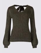 Marks & Spencer Ribbed Tie Back V-neck Bubble Sleeve Jumper Black Mix