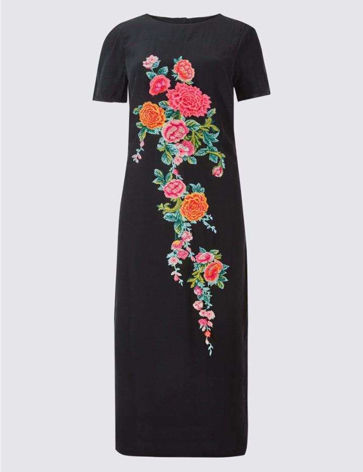 Marks & Spencer Embroidered Short Sleeve Tunic Midi Dress Black Mix