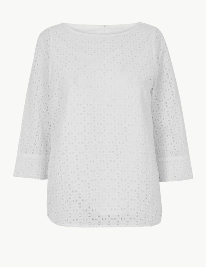 Marks & Spencer Pure Cotton Lace 3/4 Sleeve Blouse White