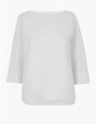 Marks & Spencer Pure Cotton Lace 3/4 Sleeve Blouse White