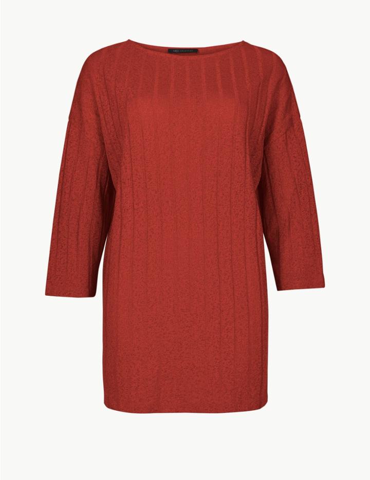 Marks & Spencer Textured Rib Slash Neck 3/4 Sleeve Blouse Brandy
