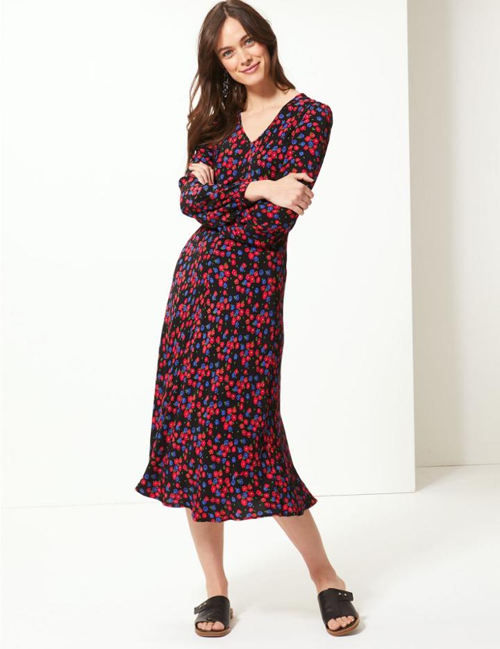 Marks & Spencer Floral Print Fit & Flare Midi Dress Black Mix