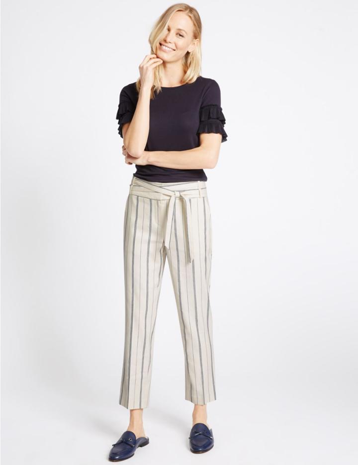 Marks & Spencer Tie Waist Striped Slim Leg Trousers Cream Mix