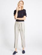 Marks & Spencer Tie Waist Striped Slim Leg Trousers Cream Mix