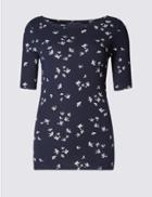 Marks & Spencer Pure Cotton Bird Print Slash Neck T-shirt Navy Mix