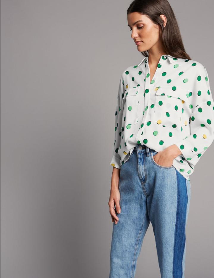 Marks & Spencer Spotted 3/4 Sleeve Shirt Ivory Mix